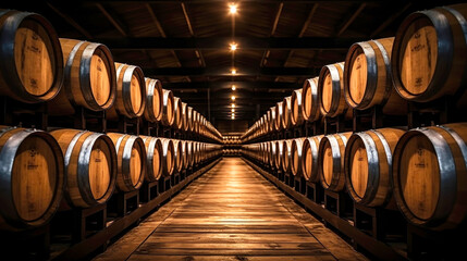 Barrels for wine or cognac in the basement of a winery, wooden barrels for wine in perspective. wine cellars. antique oak barrels with craft beer or brandy