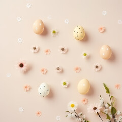 Fototapeta na wymiar easter eggs and flowers background top view