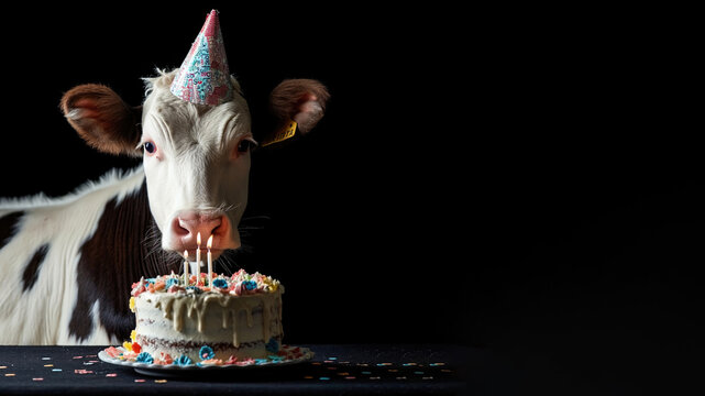 Picture of a cow wearing a birthday hat in front of a birthday cake isolated on black background 