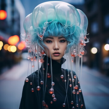 Beautiful Japanese Lady with jellyfish on hair