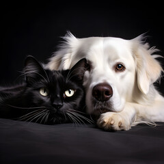 Black cat and white dog lying together on the floor. Banner with pets on black background. 