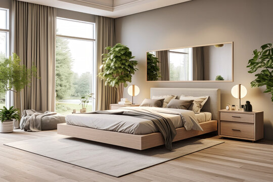 A chic open-plan studio apartment in a loft style in light colors. Stylish modern bedroom, cozy bedroom.