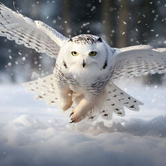snowy owl in low flight in winter with snowfall 