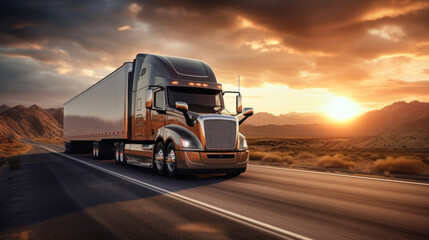 Obraz premium Truck on the highway at sunset. The sun drops below the horizon, casting a warm orange light on an open, powerful semi-trailer with a cargo, rushing into the distance along the highway.