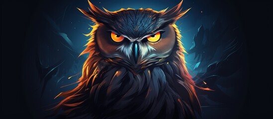 Illustration owl bird on dark moon on branch tree forest dark background. Generate AI image