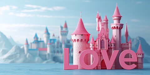 Princess Castle with the inscription "Love". Cartoon style. Text. Tower. Pink love castle with hearts, romantic theme. Valentine card. Valentine’s Day. Symbol of love. 3D image isolated on blue