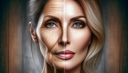 Aging Concept Split Face Portrait, Young and Old