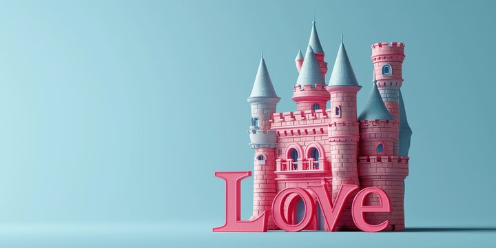 Princess Castle with the inscription "Love". Cartoon style. Text. Tower. Pink love castle with hearts, romantic theme. Valentine card. Valentine’s Day. Symbol of love. 3D image isolated on blue
