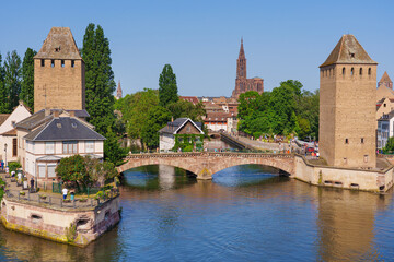 Bridge Ponts Couverts de Strasbourg, Strasbourg, Alsace, France. Canals district La Petite France in Strasbourg in summer. UNESCO World heritage site.