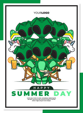 Poster happy summer day with cute cartoon of alien