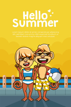 Poster happy summer with cute cartoon character of couple monkey