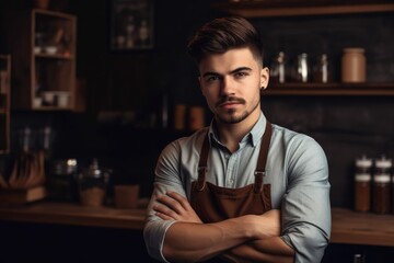 an attractive young man standing with his arms folded while working in his small business