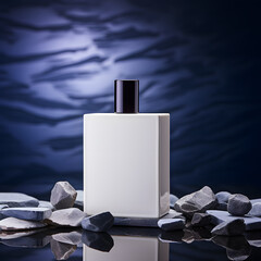 a white bottle of perfume on rocks