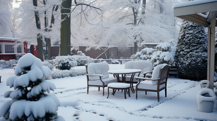 Outdoor furniture is covered with snow in a winter. Winter patio and garden during snowfall.