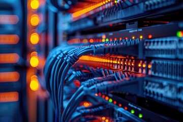 Naklejka premium Internet cables and wires in server room