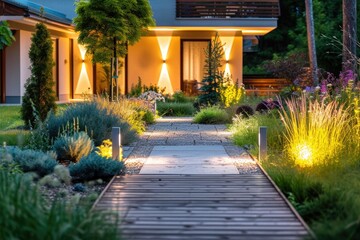 Modern house exterior at night with illuminated garden pathway and landscaping - obrazy, fototapety, plakaty