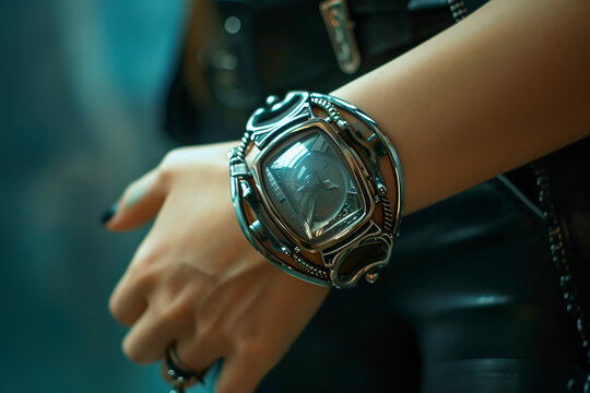 The watch in a futuristic style on the woman's hand