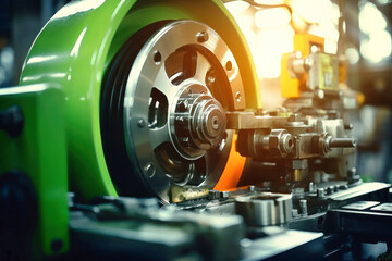 Photo of a detailed shot of a mechanical device featuring a vibrant green wheel. Modern metal processing at an industrial enterprise. Manufacturing of high-precision parts and mechanisms. - obrazy, fototapety, plakaty