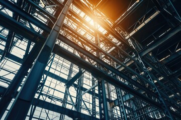 Construction site of a steel structure building at sunset