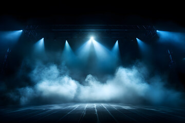 dark blue background, spotlight stage scene with smoke