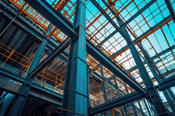 Construction site of a steel structure building at sunset