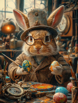Easter artist bunny painting colorful easter eggs in his workshop	