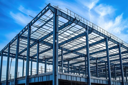 Construction site of a steel structure building at sunset