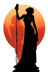 Silhouette of a female diva vocalist singing with a microphone which is used by a singer in a performance at a concert in a hall or club, stock illustration image