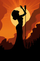 Silhouette of a female diva vocalist singing with a microphone which is used by a singer in a performance at a concert in a hall or club, stock illustration image
