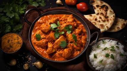 Chicken tikka masala spicy curry meat food with rice and naan bread