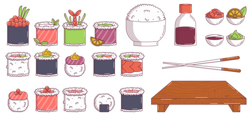 Vintage Japanese food Sushi, roll, soy sauce, wasabi and more. Cartoon design seafood art for bar, restaurant. Retro vector illustration set.