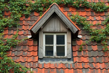 Attic Window on a Weathered Tiled Roof with Moss