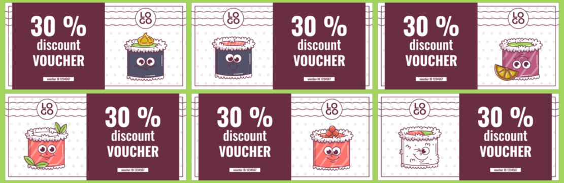 Vintage Japanese food characters Sushi, Roll. Discount voucher collection. Cartoon design seafood art for bar, restaurant. Retro vector illustration set. - Powered by Adobe