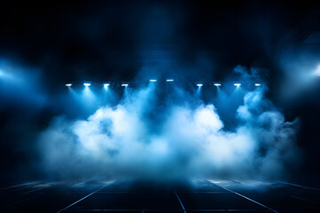 dark blue background, spotlight stage scene with smoke