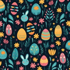 Fototapeta na wymiar Charming pattern with vibrantly colored easter eggs surrounded by flowers on a dark background