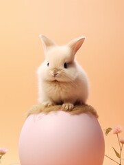 Cute bunny rabbit perched on top of a soft pastel-colored egg against a warm background