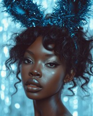 A captivating portrait of a woman adorned with sparkling makeup and festive blue headgear