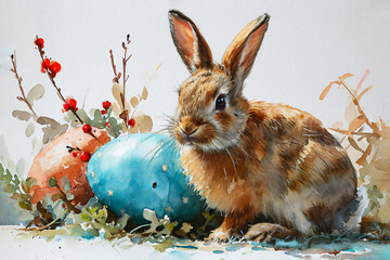 Easter bunny rabbit and a colourful egg with a pastel watercolour effect which is useful for a greeting card in spring, stock illustration image