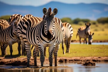 A group of zebras congregating around a watering hole, their distinctive stripes contrasting against the grassland.