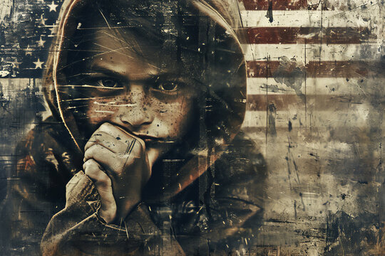 Poverty in the USA showing a homeless underprivileged teenage boy in America with a distressed flag in the background outlining how his country has abandoned him, stock illustration image 
