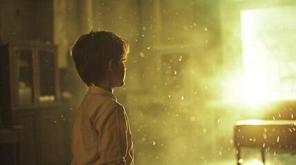 Ein Kind steht im Raum und Blickt in das Licht