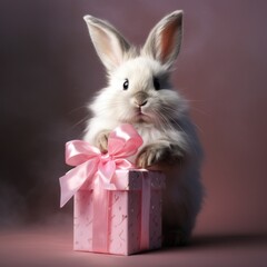 Adorable fluffy bunny posing with a pastel pink gift box tied with a silk ribbon on a soft background