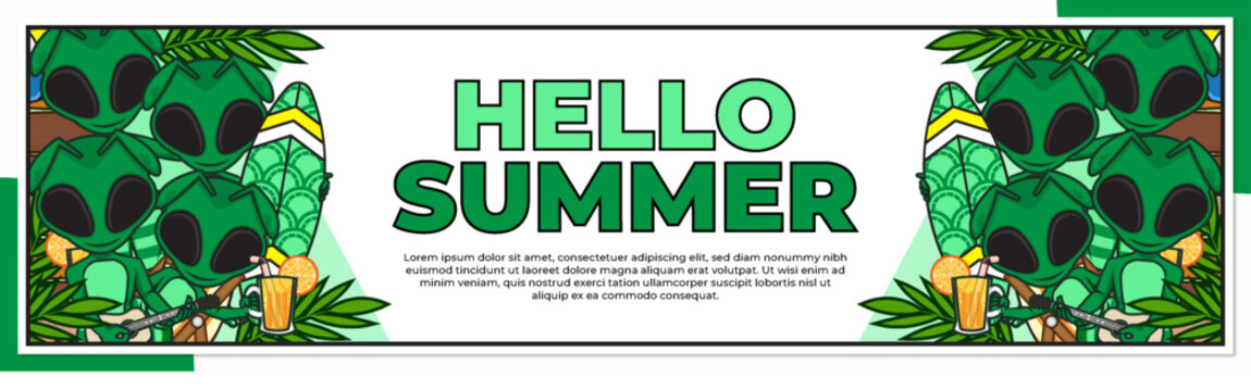 Banner happy summer with cute cartoon character of alien
