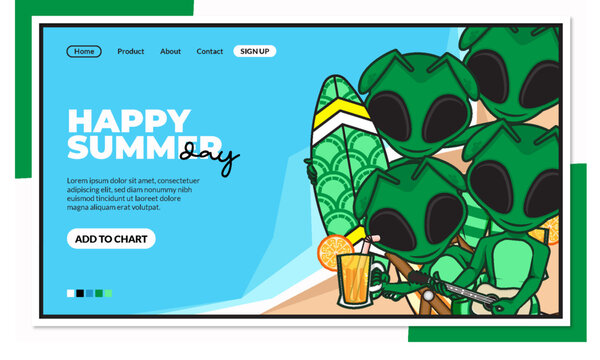Landing page template happy summer day with cute cartoon of alien