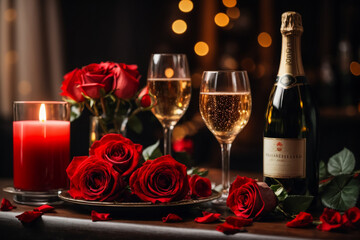 Two glasses champagne and candle on the table of Valentines Day