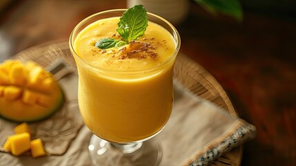 Mango lassi with mint and mango ice cubes, refreshing traditional Indian yogurt fruit smoothie drink for summer heat