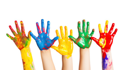 Many children's hands paint colorful paint on children's raised hands, isolated on a white transparent background with a clipping path. Png file