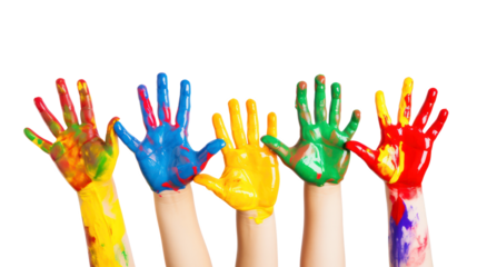 Many children's hands paint colorful paint on children's raised hands, isolated on a white transparent background with a clipping path. Png file
