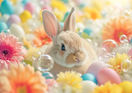 A cute soft-focus bunny with pastel-colored easter eggs nestled in a bed of blooming flowers