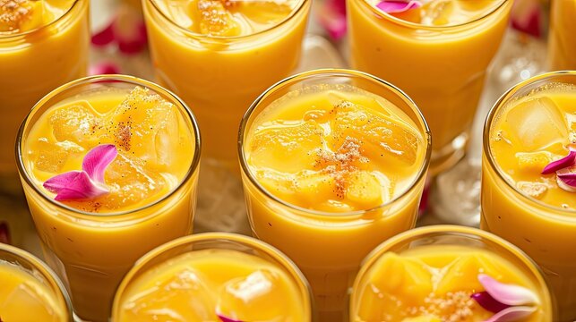 Mango lassis with mango and ice cubes, refreshing traditional Indian yogurt fruit smoothie drink for summer heat